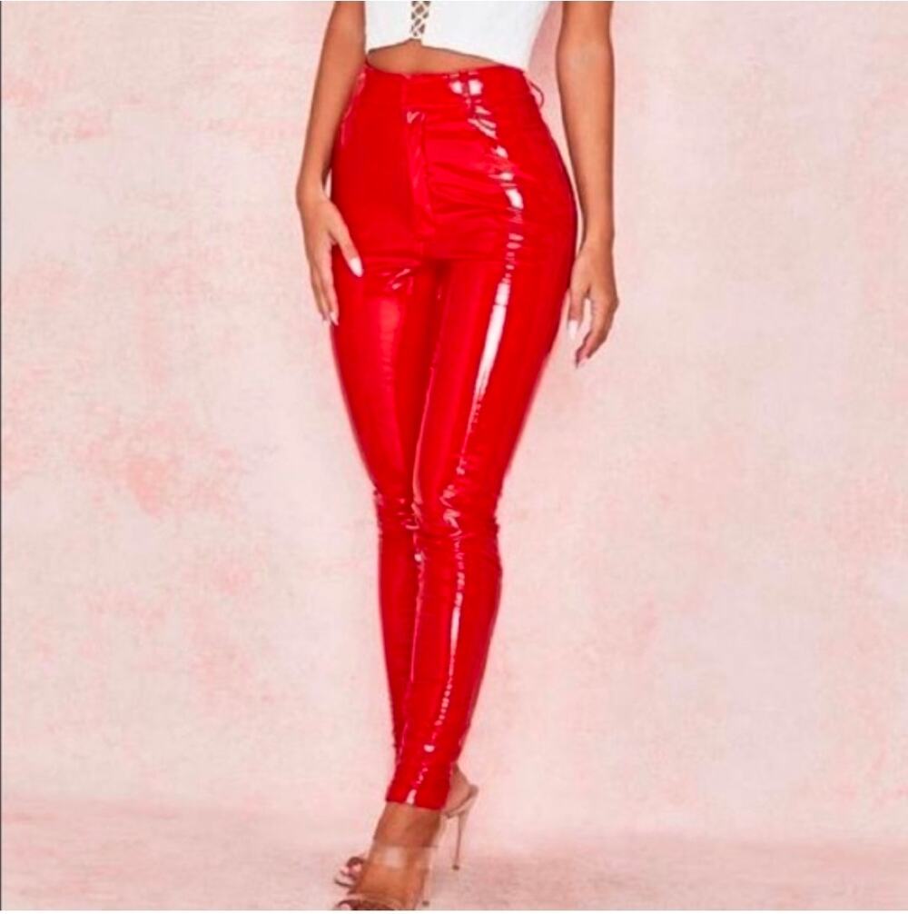 House of CB Red Vinyl Patent Leather Pants Size High Waisted Shiny Skinny S